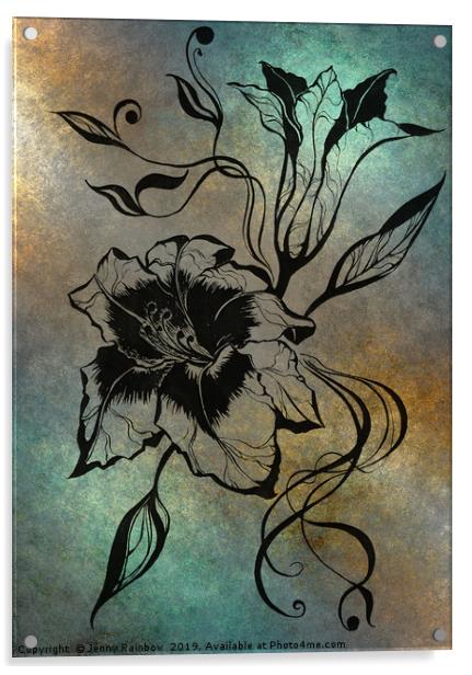 Ink Drawing Lily Elegance Blue Acrylic by Jenny Rainbow
