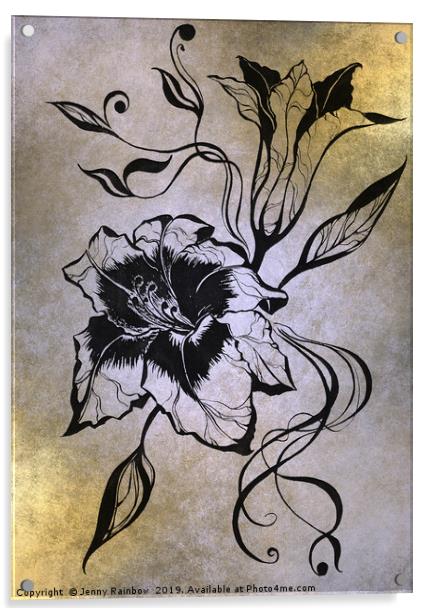 Ink Drawing Lily Elegance Golden Acrylic by Jenny Rainbow