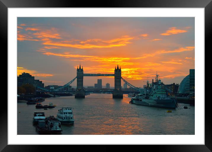 sunrise over londons towerbridge  Framed Mounted Print by Emma whipple