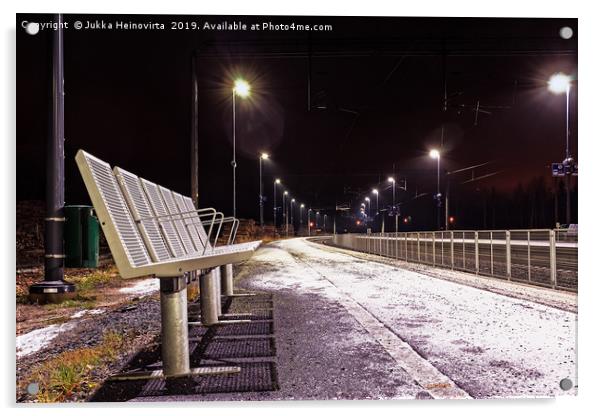 Six Metal Seats At The Railway Station Acrylic by Jukka Heinovirta