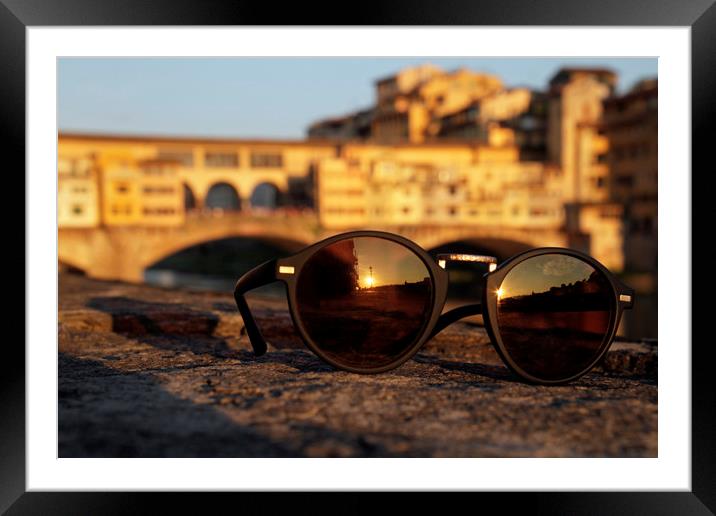 The sun sets over Ponte Vecchio in Florence, Italy Framed Mounted Print by Lensw0rld 