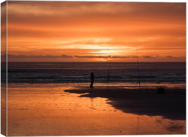 Fisherman and a Glorious Sunset at Newgale. Canvas Print by Colin Allen