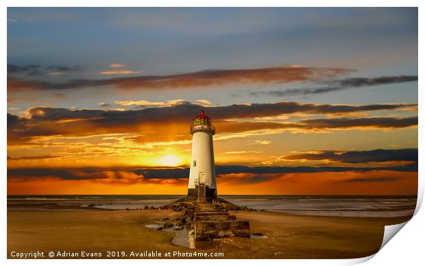 Point of Ayr Lighthouse Sunset Print by Adrian Evans