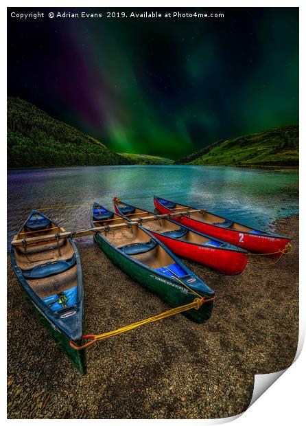 lake Geirionydd Canoes Print by Adrian Evans