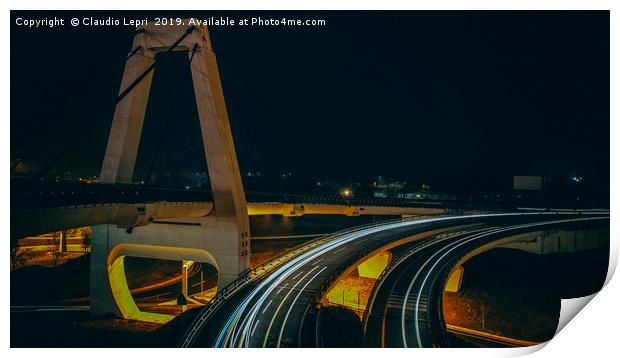 Cable-stayed bridge by night at Malpensa Airport Print by Claudio Lepri