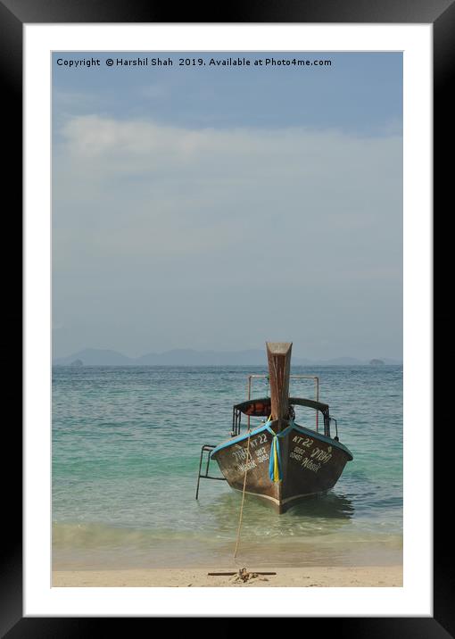 Traditional Thai Longtail Boat on a Beach Framed Mounted Print by Harshil Shah