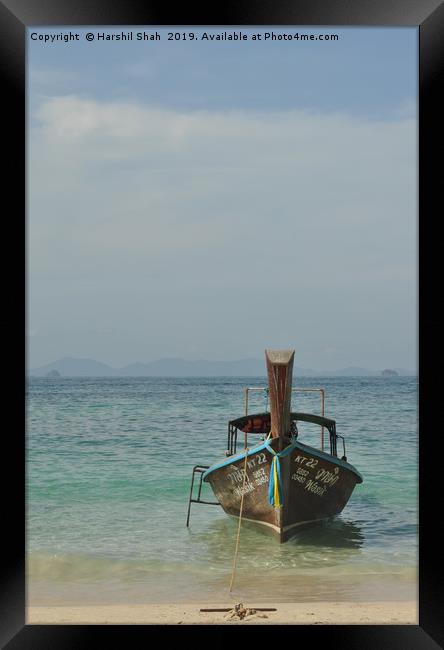 Traditional Thai Longtail Boat on a Beach Framed Print by Harshil Shah