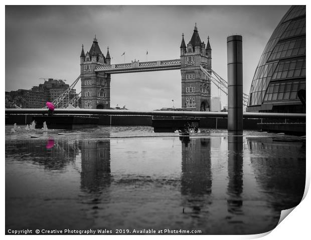 Pink Umbrella and Tower Bridge, London Print by Creative Photography Wales