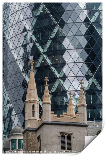 The Gherkin and St Andrews Church at Leadenhall Ci Print by Creative Photography Wales