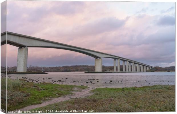 Orwell Bridge in Suffolk with beautiful sky  Canvas Print by Mark Roper