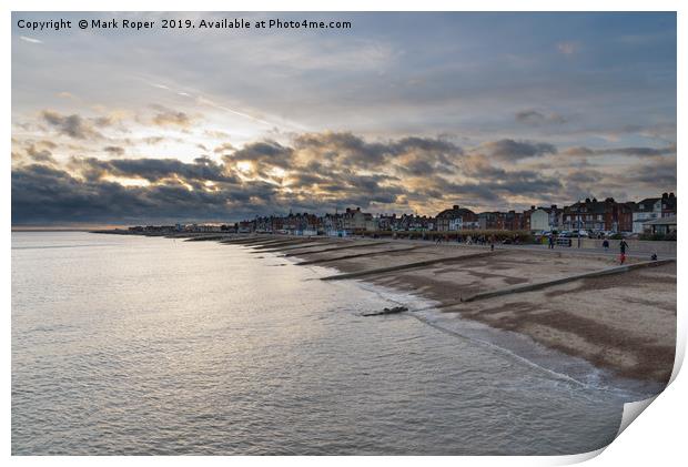 Felixstowe seafront with golden sun behind clouds  Print by Mark Roper