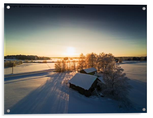 Farm Houses In The Winter Sunset Acrylic by Jukka Heinovirta