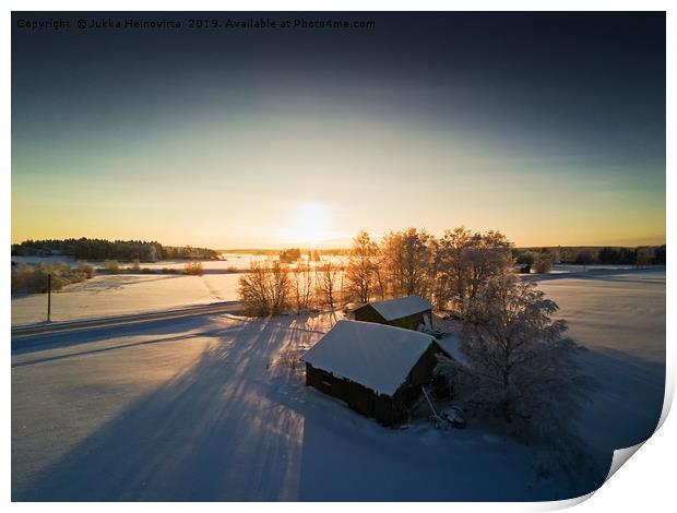 Farm Houses In The Winter Sunset Print by Jukka Heinovirta