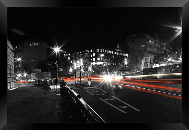 London busy road in trail of lights Framed Print by Sarah Waddams