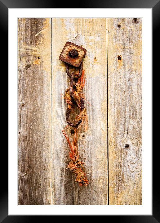 Chain on wooden door Framed Mounted Print by Steven Shea