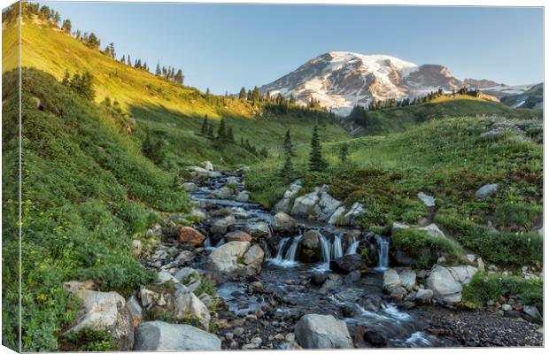 Early Morning Light on Mt Rainier above Edith Cree Canvas Print by Belinda Greb