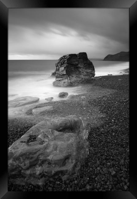 Eype Boulders Black and White Framed Print by David Neighbour