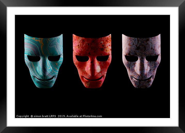 Three textured AI robotic face masks Framed Mounted Print by Simon Bratt LRPS