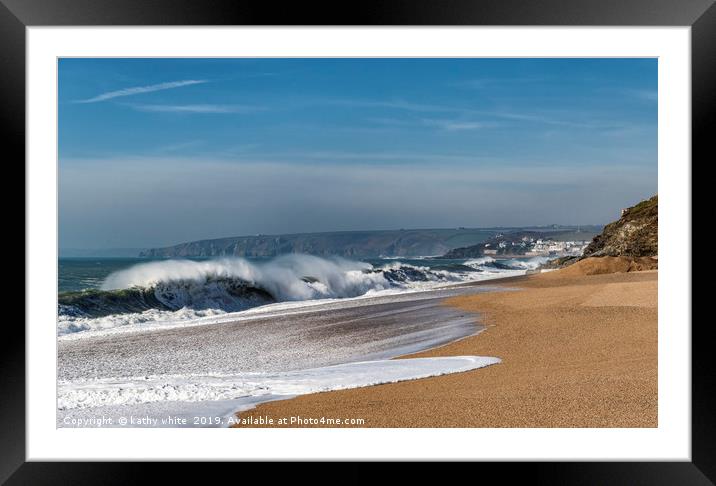 Porthleven Cornwall Beach, waves at Loe Bar  Framed Mounted Print by kathy white