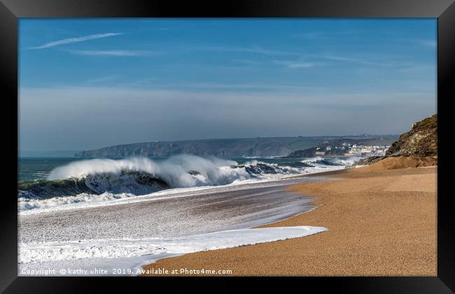 Porthleven Cornwall Beach, waves at Loe Bar  Framed Print by kathy white