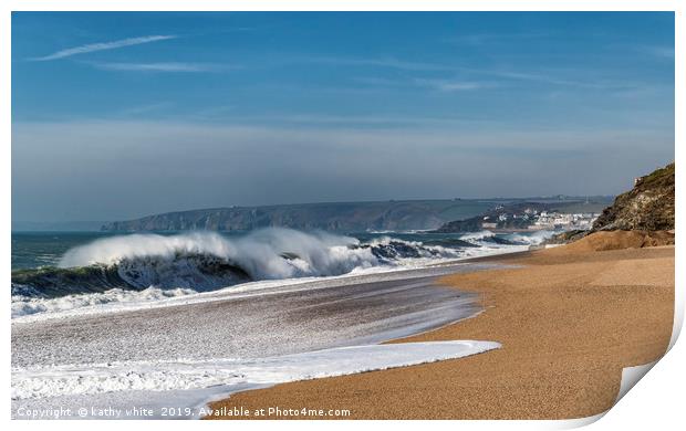 Porthleven Cornwall Beach, waves at Loe Bar  Print by kathy white