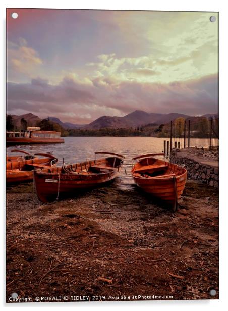Evening light on Derwentwater boats Acrylic by ROS RIDLEY