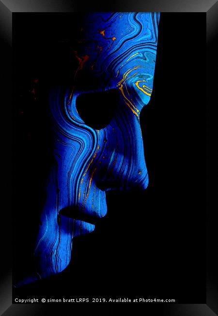 AI robotic face profile close up blue contour Framed Print by Simon Bratt LRPS