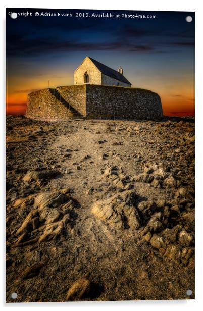 St Cwyfan Church Sunset Acrylic by Adrian Evans
