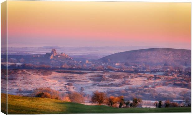 Corfe Castle at Sunrise Canvas Print by Ceri Jones