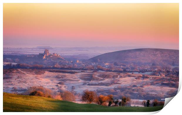 Corfe Castle at Sunrise Print by Ceri Jones