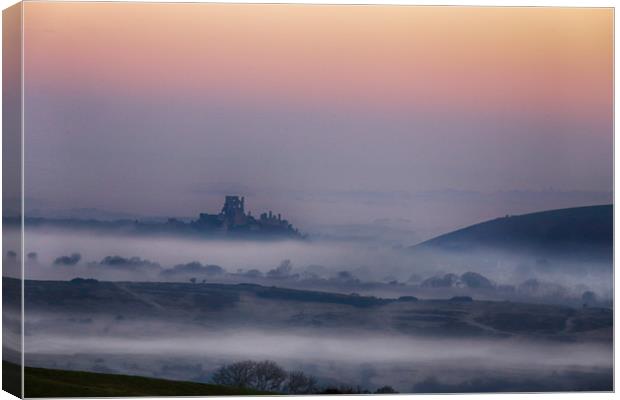 Misty Morning Corfe Castle Canvas Print by Ceri Jones
