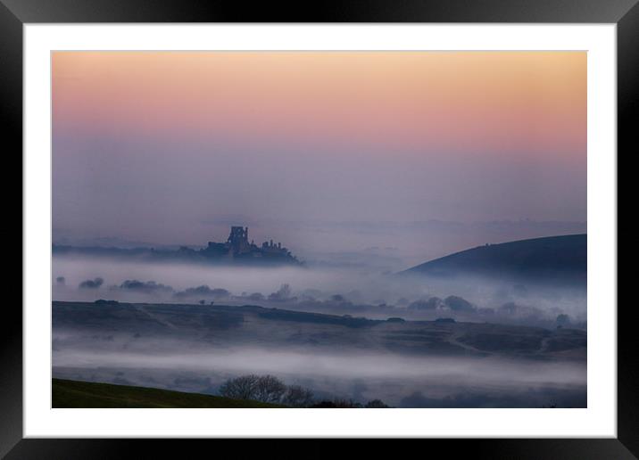 Misty Morning Corfe Castle Framed Mounted Print by Ceri Jones
