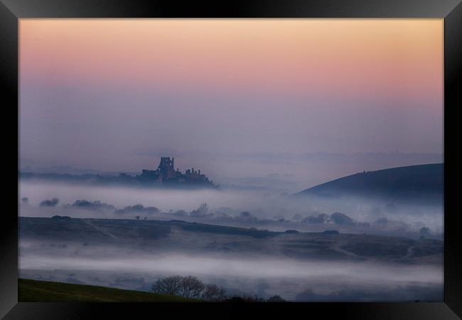 Misty Morning Corfe Castle Framed Print by Ceri Jones