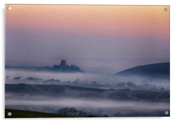 Misty Morning Corfe Castle Acrylic by Ceri Jones