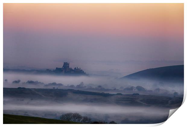 Misty Morning Corfe Castle Print by Ceri Jones