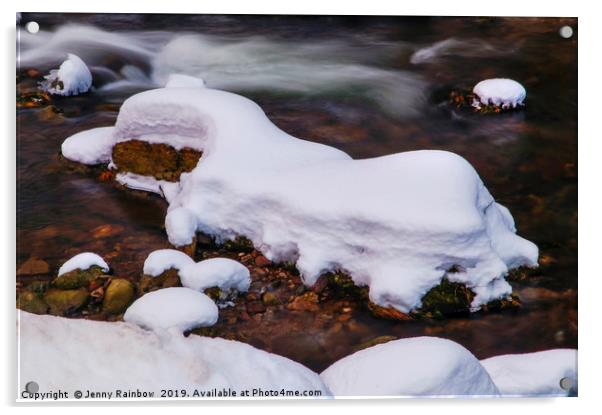Winter Stream with Snowy Islands Acrylic by Jenny Rainbow