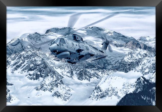 Snow Mountains Royal Navy Merlin Framed Print by Rob Lester