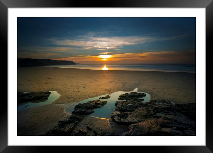 Gorgeous sunset looking across perran beach at Per Framed Mounted Print by Eddie John