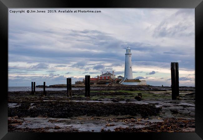 St Mary's Island at low tide. Framed Print by Jim Jones