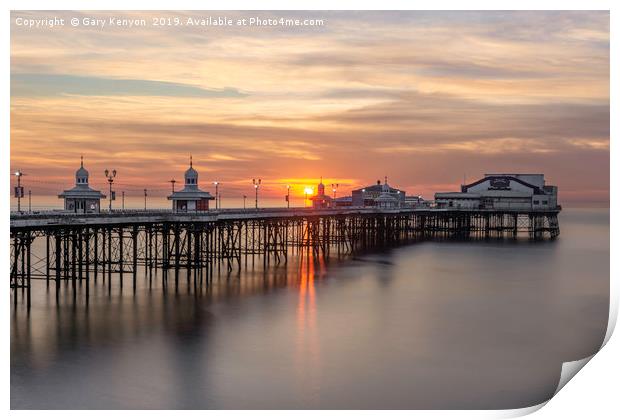 Sunset on the beach at Blackpool's North Pier Print by Gary Kenyon
