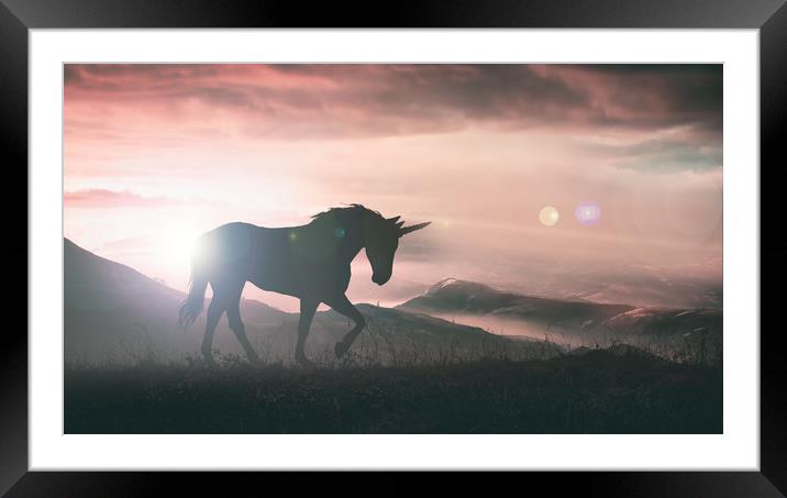 Unicorn silhouette at sunset Framed Mounted Print by Guido Parmiggiani