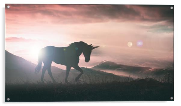 Unicorn silhouette at sunset Acrylic by Guido Parmiggiani