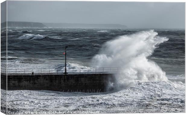 Porthleven Cornwall storm on the pier,Huge waves p Canvas Print by kathy white