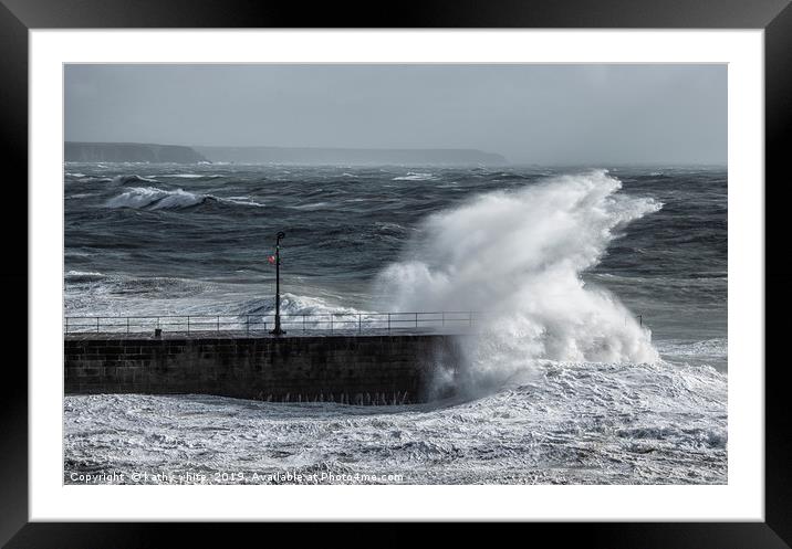Porthleven Cornwall storm on the pier,Huge waves p Framed Mounted Print by kathy white