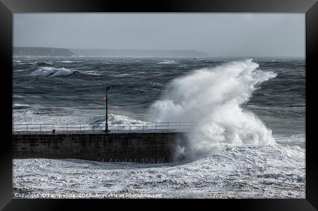 Porthleven Cornwall storm on the pier,Huge waves p Framed Print by kathy white