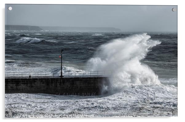 Porthleven Cornwall storm on the pier,Huge waves p Acrylic by kathy white