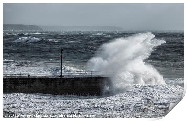 Porthleven Cornwall storm on the pier,Huge waves p Print by kathy white