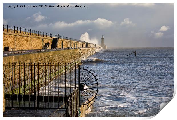 Waves crashing over Tynemouth Pier. Print by Jim Jones