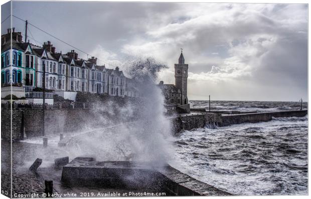  Porthleven Cornwall storm at the clock tower,Port Canvas Print by kathy white