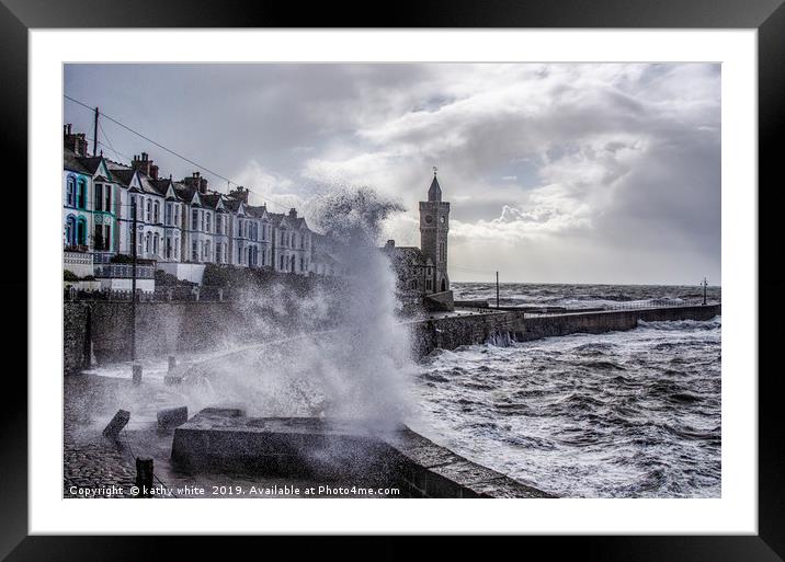  Porthleven Cornwall storm at the clock tower,Port Framed Mounted Print by kathy white